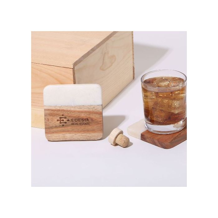 BAGMC | 2 Pc. Acacia Wood & Marble Coaster Se